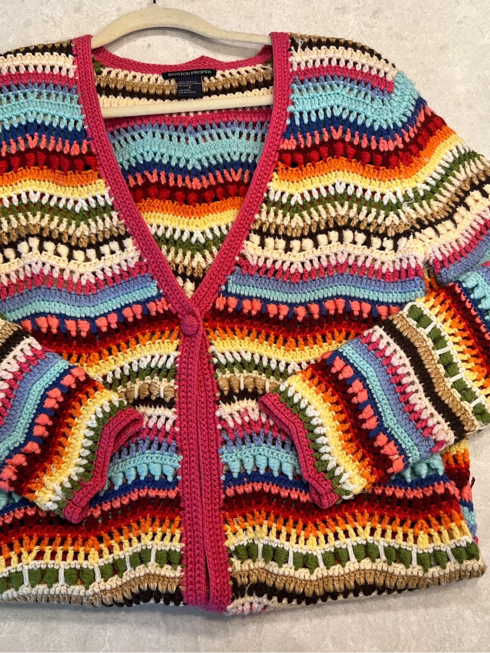 Boston Proper Pink, Multicolor long Crochet Sweater  SIZE SMALL